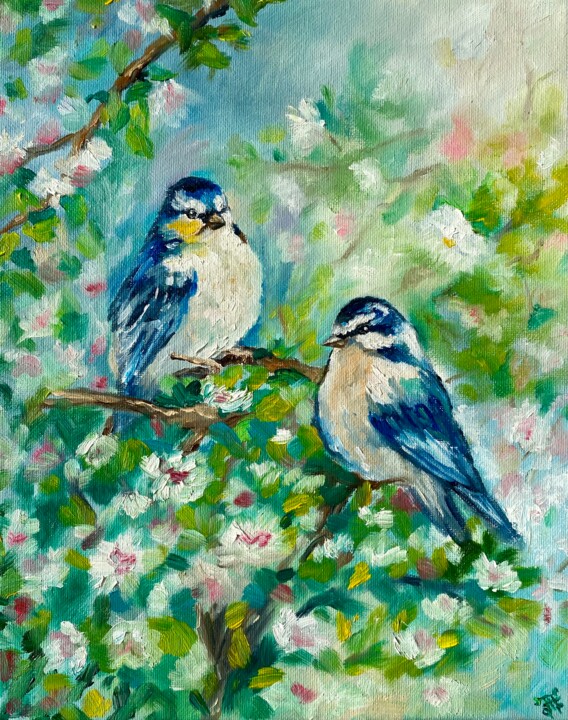 Birds Painting Flowers Original Art Floral Painting 绘画, 9.5x11.8 in