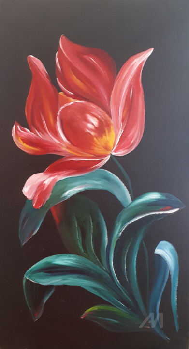 Red Tulip in Bloom. Original Floral Oil Fine Art 绘画, 24x12 in