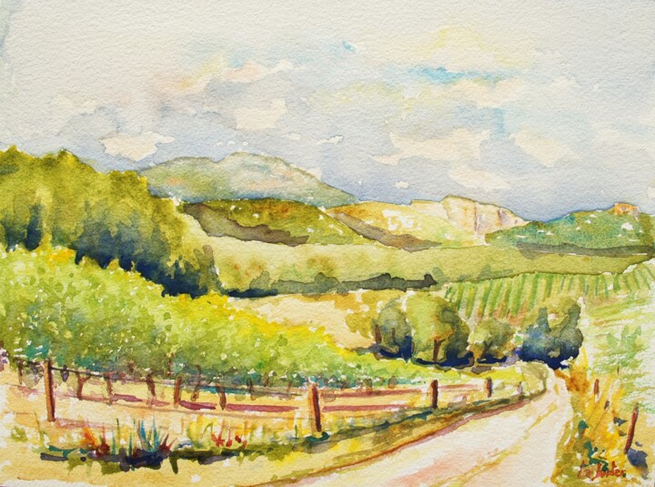 Peinture intitulée "Le Pic Saint-Loup e…" par Jean-Noël Le Junter, Œuvre d'art originale, Aquarelle Monté sur Panneau de bois