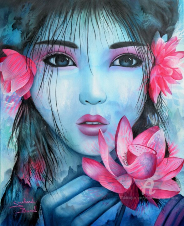 Peinture intitulée "Hasu" par Jeannette Guichard-Bunel, Œuvre d'art originale, Huile Monté sur Châssis en bois