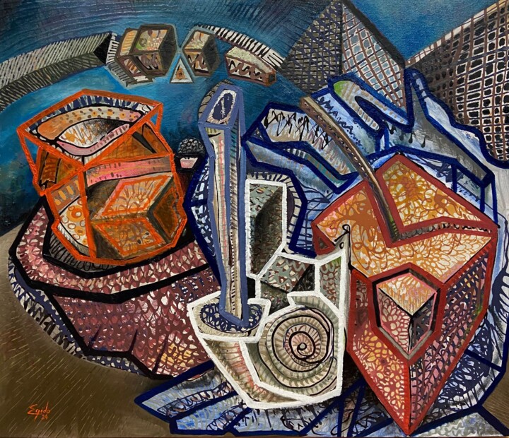 Painting titled "Bodegón fénix" by Ignacio Egido (Inyako), Original Artwork, Acrylic Mounted on Wood Stretcher frame