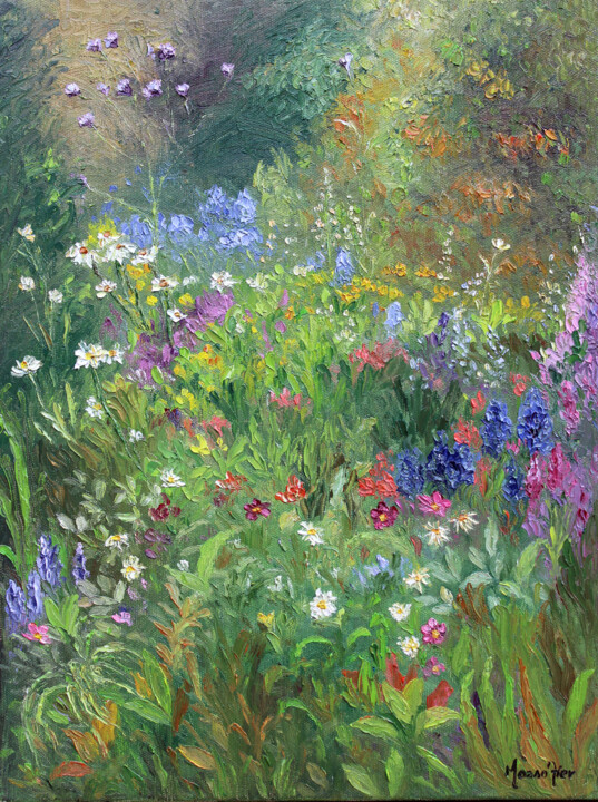 Pintura intitulada "APRIL'S BLOOM" por Moaso Aier, Obras de arte originais, Óleo Montado em Armação em madeira