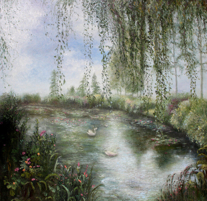Pintura intitulada "BY THE WILLOW" por Moaso Aier, Obras de arte originais, Óleo Montado em Armação em madeira