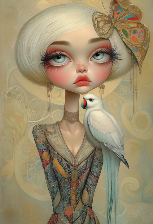 A Mysterious Girl with the Bird of Silence 数字艺术, 19.7x27.6 in