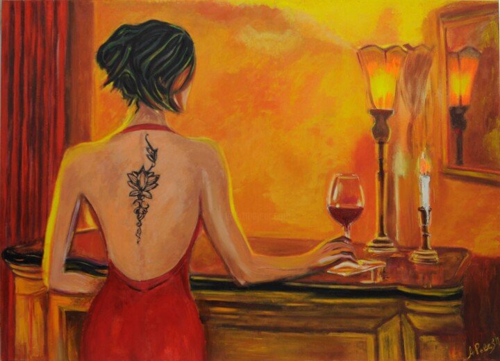 "Women's tattoo." başlıklı Tablo Alex Pelesh tarafından, Orijinal sanat, Petrol Ahşap Sedye çerçevesi üzerine monte edilmiş