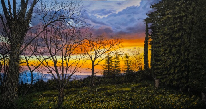 Greek sunset on the mountain Painting, 11.8x22.1 in
