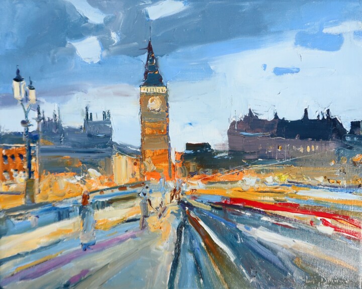 " Night lights. London" 绘画, 15.7x19.7 in