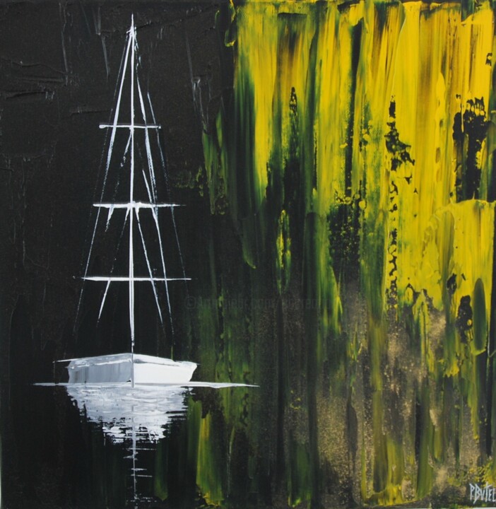 Voilier blanc sur monochrome jaune 绘画, 15.8x15.8 in