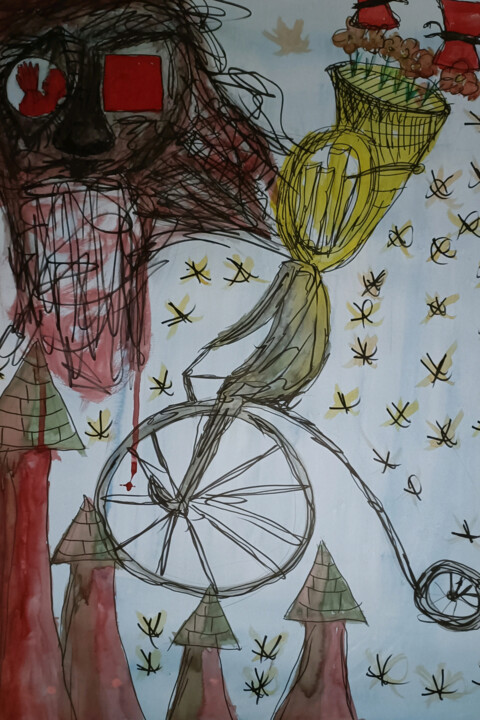 Peinture intitulée "Rower w niebie" par Michał Wiśniecki, Œuvre d'art originale, Aquarelle