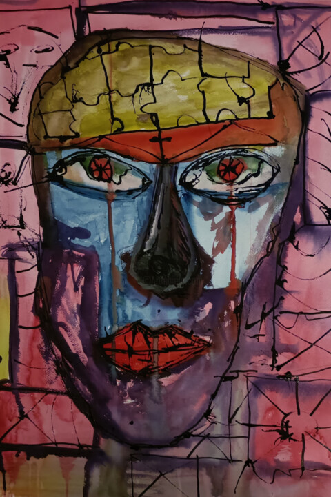 Peinture intitulée "Twarz 4" par Michał Wiśniecki, Œuvre d'art originale, Aquarelle