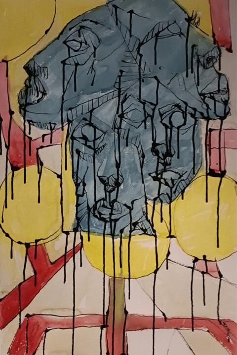 Peinture intitulée "Niebieskie twarze" par Michał Wiśniecki, Œuvre d'art originale, Aquarelle