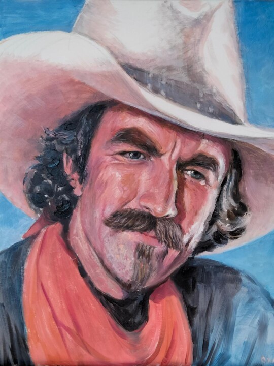 Ritratto del attore Tom Selleck in Carabina Quigley. Schilderij, 19,7x15,8 in
