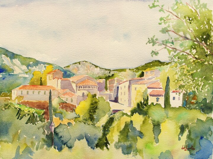 Peinture intitulée "Saint-Guilhem le dé…" par Jean-Noël Le Junter, Œuvre d'art originale, Aquarelle Monté sur Panneau de bois