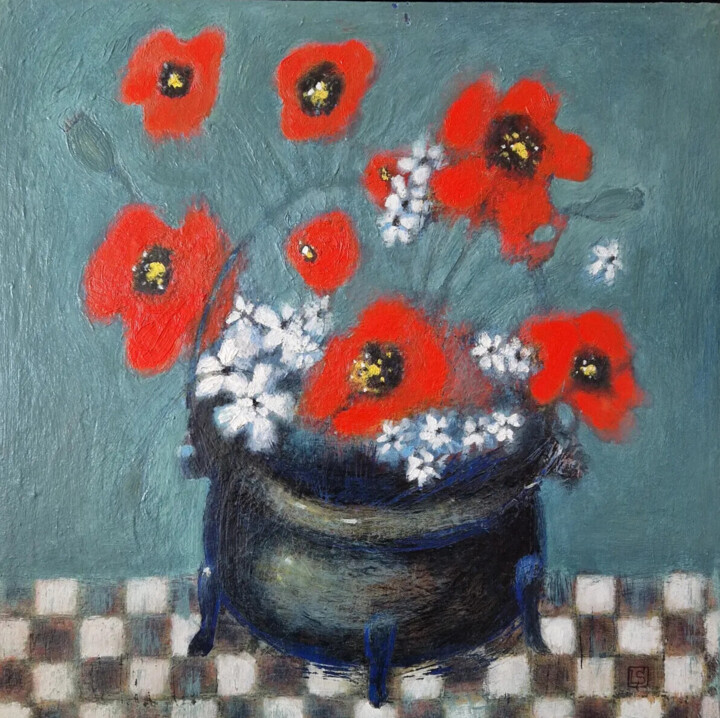 Poppies in Old Pot 绘画, 15.8x15.8 in