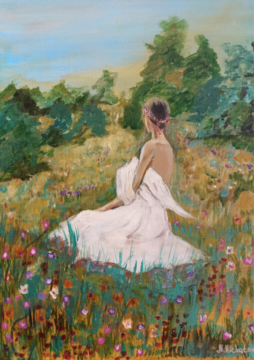 romantic landscape, beautiful girl in white 绘画, 15.8x11.8 in