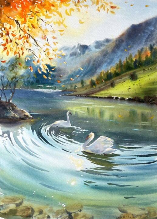 Swan Lake Painting, 18.1x13 in