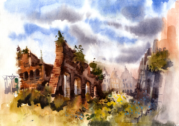Painting titled "Gdansk. Old town. R…" by Ilona Burbona, Original Artwork, Watercolor
