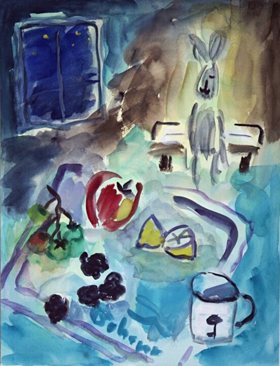 Malerei mit dem Titel "Rabbit in a night r…" von Terushige Matsumoto, Original-Kunstwerk, Gouache
