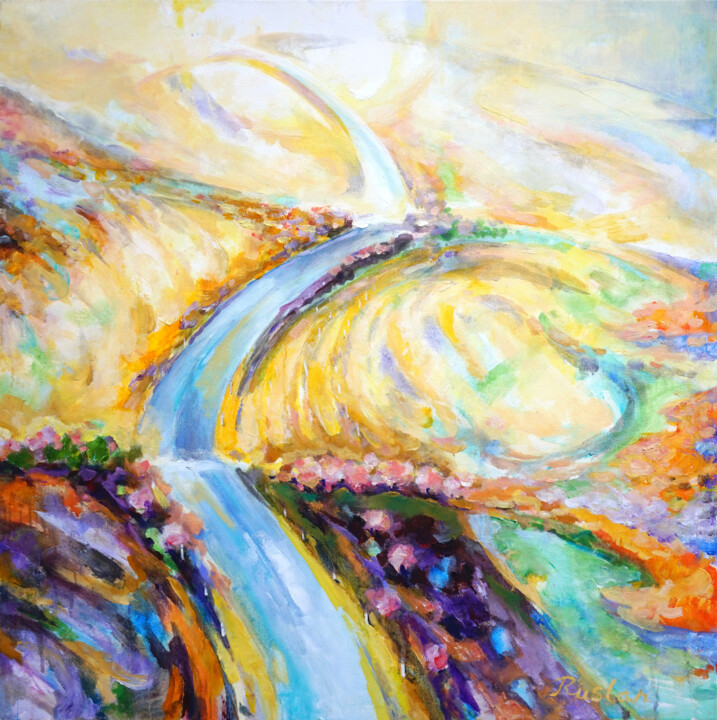 Painting titled "Spring. Noon" by Ruslan Pushkash, Original Artwork, Oil Mounted on Wood Stretcher frame
