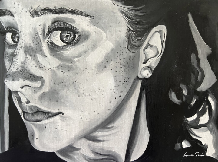 Painting titled "Portrait noir et Bl…" by Amélie Bourbon, Original Artwork, Oil