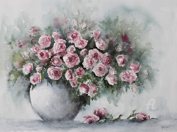 Peinture intitulée "Bouquet de roses" par Marie-Charlotte Houpeurt-Chauffeté, Œuvre d'art originale, Aquarelle
