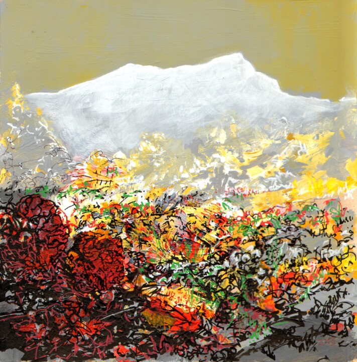Tekening getiteld "Paysage, fleurs et…" door Dominique Leblanc, Origineel Kunstwerk, Acryl