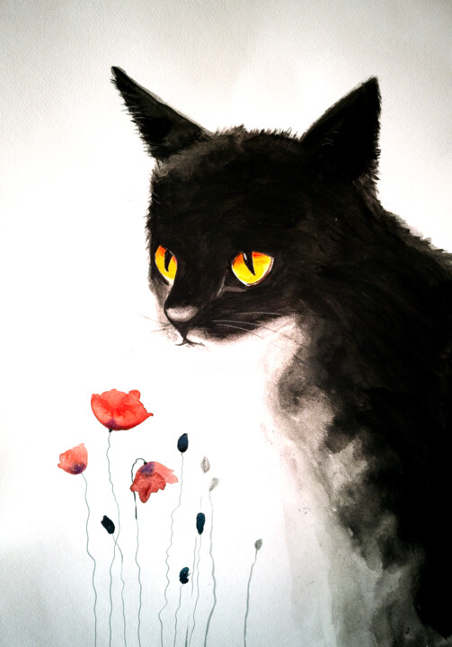 Schwarze Katze Painting, 16.5x11.7 in