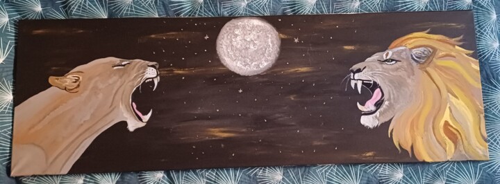 Lions rugissants sous la lune 绘画, 15.8x47.2 in