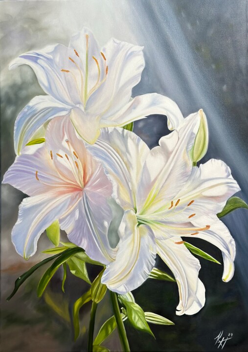 Painting titled "“Sun Lilies “" by Kateryna Ponomarenko, Original Artwork, Oil Mounted on Wood Stretcher frame
