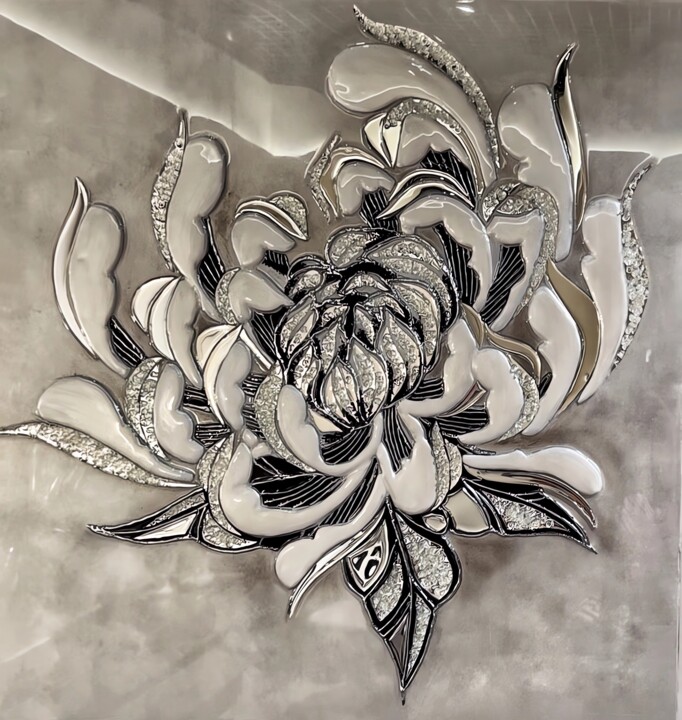 Mirror petals of eternity. Chrysanthemum in reflections. Painting, 39.4x39.4 in