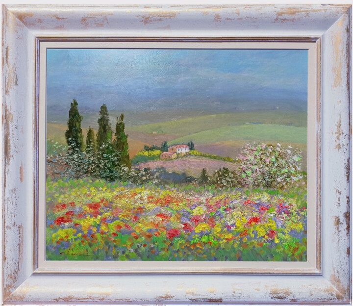Painting titled "Landscape in the sp…" by Biagio Chiesi, Original Artwork, Oil Mounted on Wood Panel