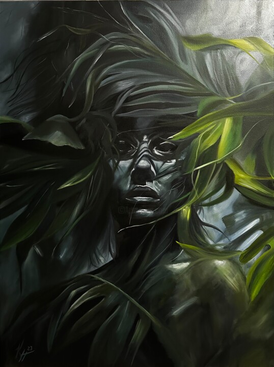 Painting titled "“Green mystique”" by Kateryna Ponomarenko, Original Artwork, Oil Mounted on Wood Stretcher frame