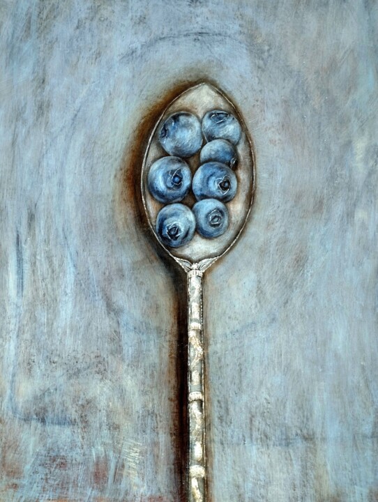 Painting titled "Spoon with blueberr…" by Hadzi Natalija Milutinovic, Original Artwork, Acrylic