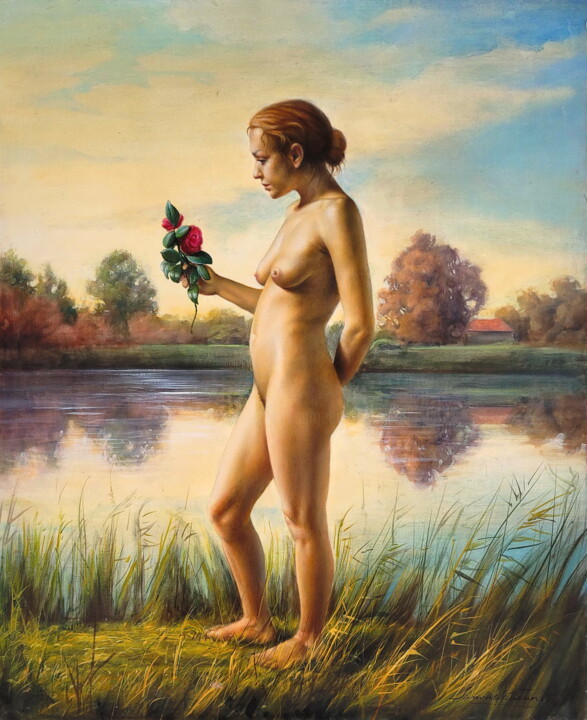Painting titled "La ragazza dai cape…" by Samuele Vanni, Original Artwork, Tempera Mounted on Wood Stretcher frame