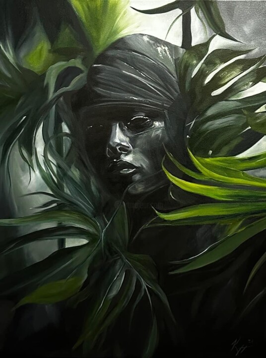 Painting titled "“Green mystique 2”" by Kateryna Ponomarenko, Original Artwork, Oil Mounted on Wood Stretcher frame