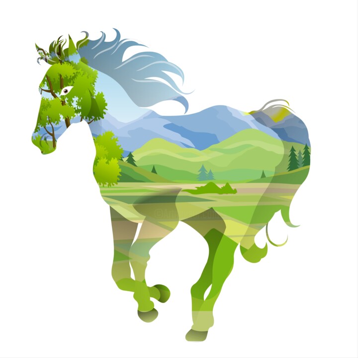 A horse silhouette is filled with a scenic landscape Dijital Sanat