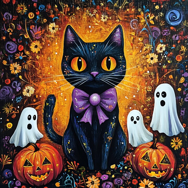 Halloween Charm: Black Cat & Ghostly Friends 数字艺术