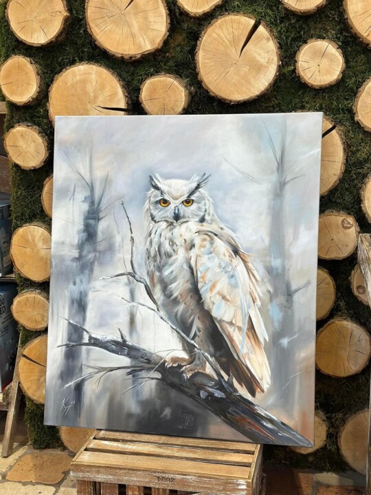 Painting titled "“Guardian of winter”" by Kateryna Ponomarenko, Original Artwork, Oil Mounted on Wood Stretcher frame