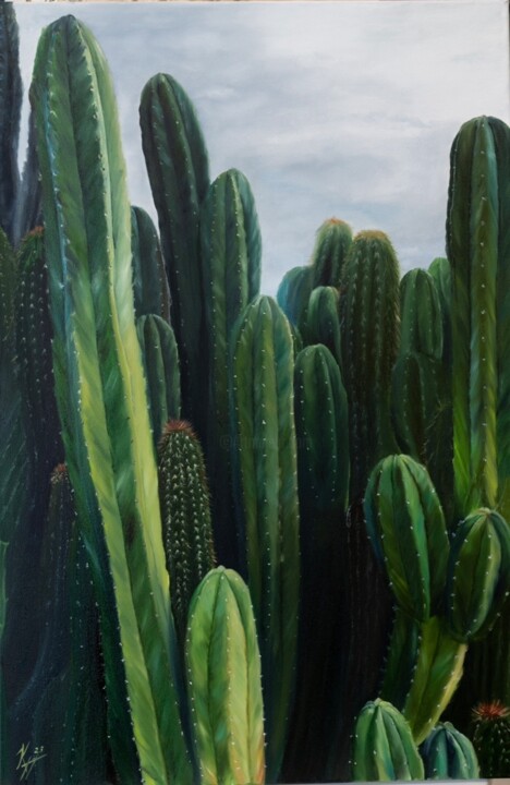 Painting titled "“Cactuses “" by Kateryna Ponomarenko, Original Artwork, Oil Mounted on Wood Stretcher frame