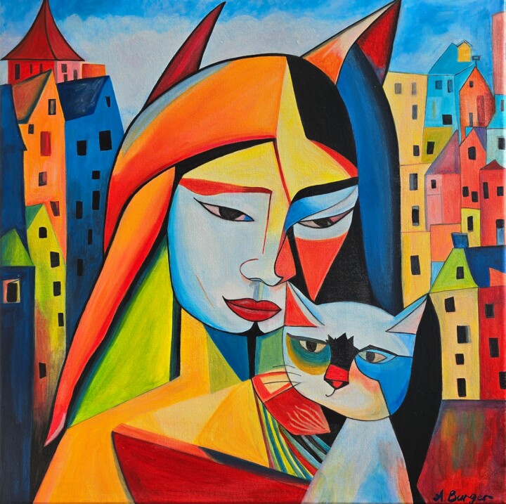 Picasso-Inspired Acrylic Painting "City Cats" 绘画, 23.6x23.6 in