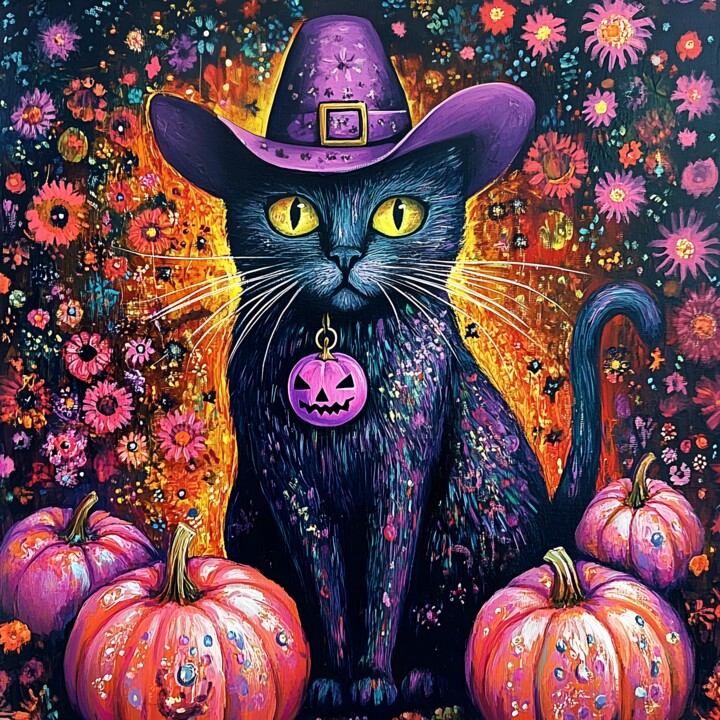 Cute Halloween Black Cat with Witch Hat 数字艺术