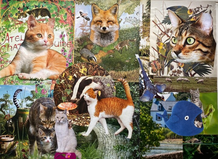 Коллажи под названием "La vallée des chats" - Valerie Noble Val, Подлинное произведение искусства, Коллажи Установлен на Дер…