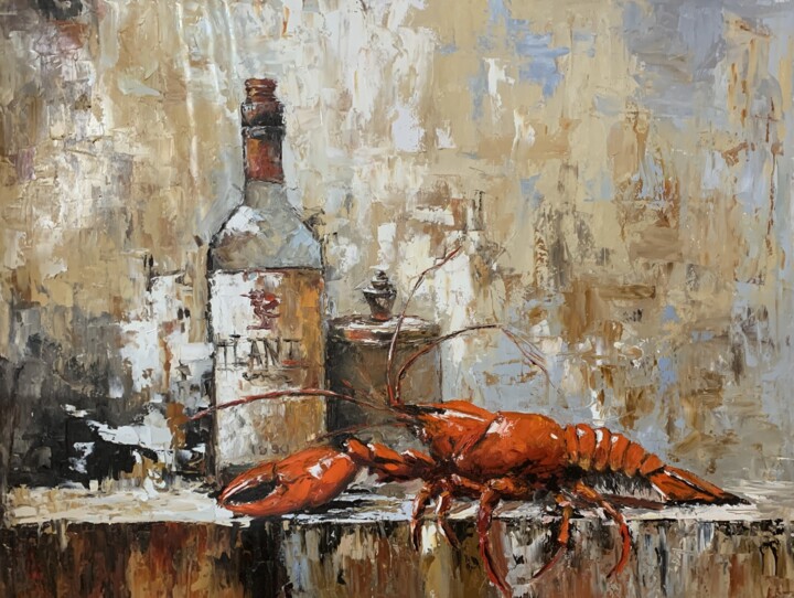 Luxury lunch break with a Red Lobster and the bottle of wine Painting, 27.6x35.4 in