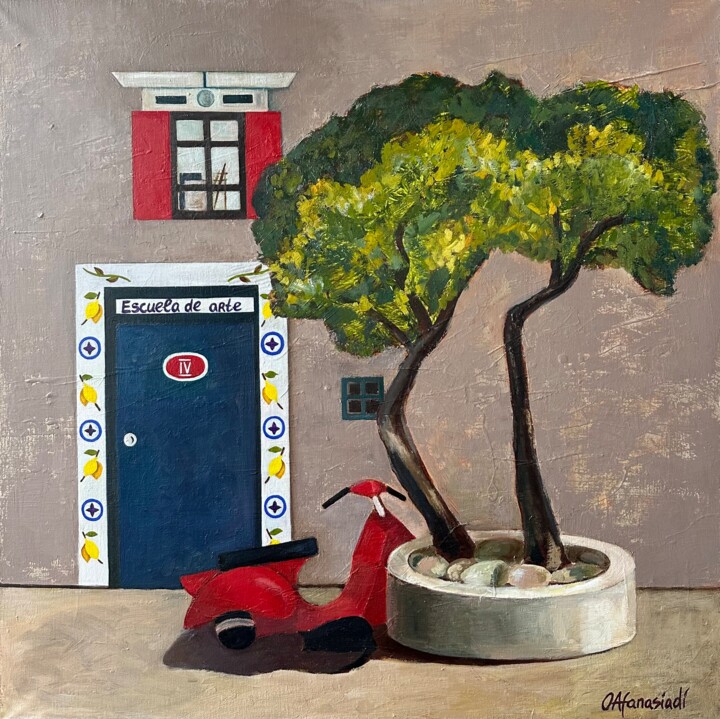 Painting titled "Spanish landscape" by Olga Afanasiadi, Original Artwork, Oil Mounted on Wood Stretcher frame