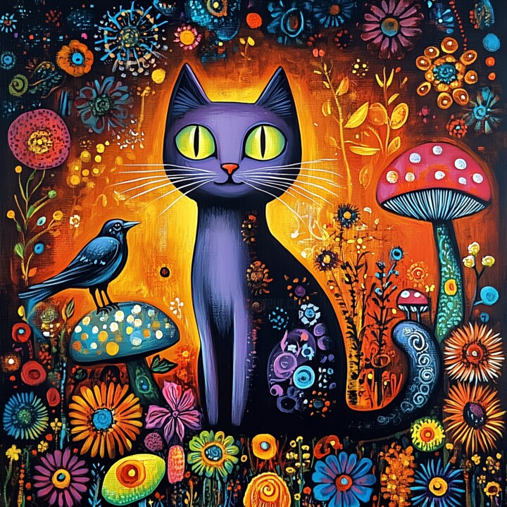 Whimsical Black Cat Halloween Painting 数字艺术