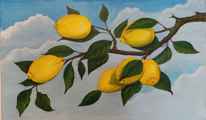 Painting titled "Branche de citrons…" by Y.Oranzh, Original Artwork, Acrylic Mounted on Wood Stretcher frame