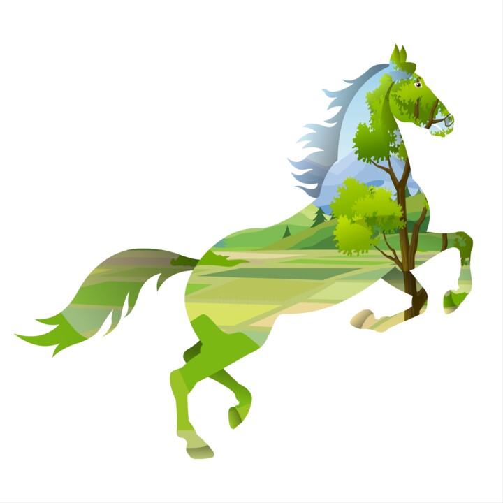 A horse silhouette blends harmoniously with a lush landscape Dijital Sanat