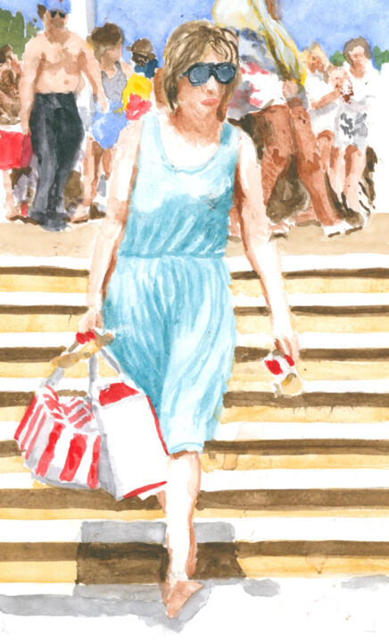 Painting titled "Jones Beach 30" by Jim Fischer, Original Artwork, Watercolor Mounted on Cardboard