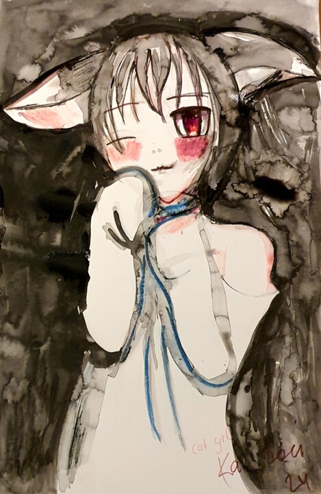 Cat girl anime Drawing, 16.5x11.4 in