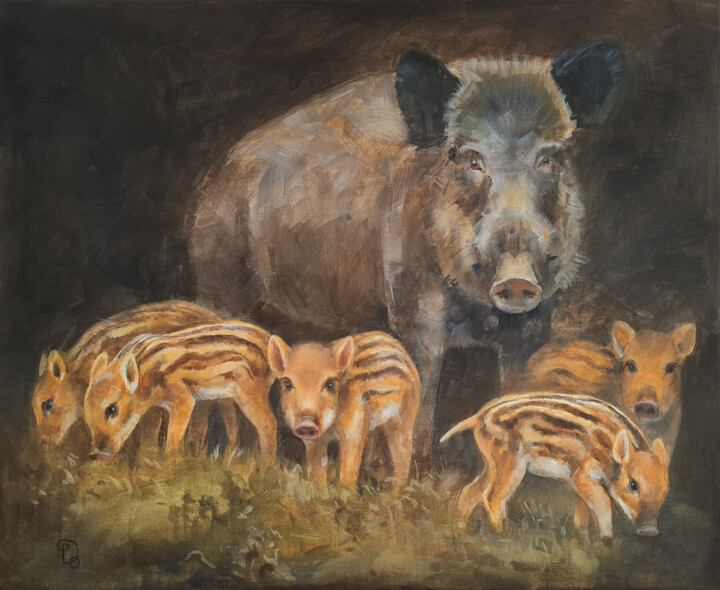 Mother Boar with Yellow-Striped Piglets 绘画, 19.7x24 in